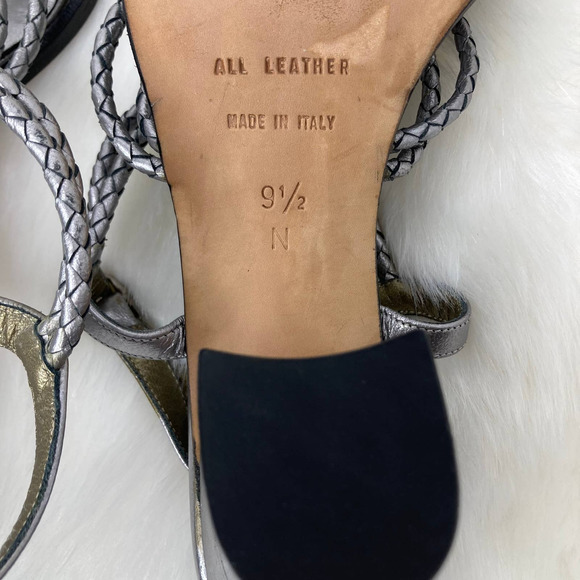 Yves Saint Laurent Braided Leather Silver Chunky Heel Open Toe Sandal 9.5N - Picture 5 of 9